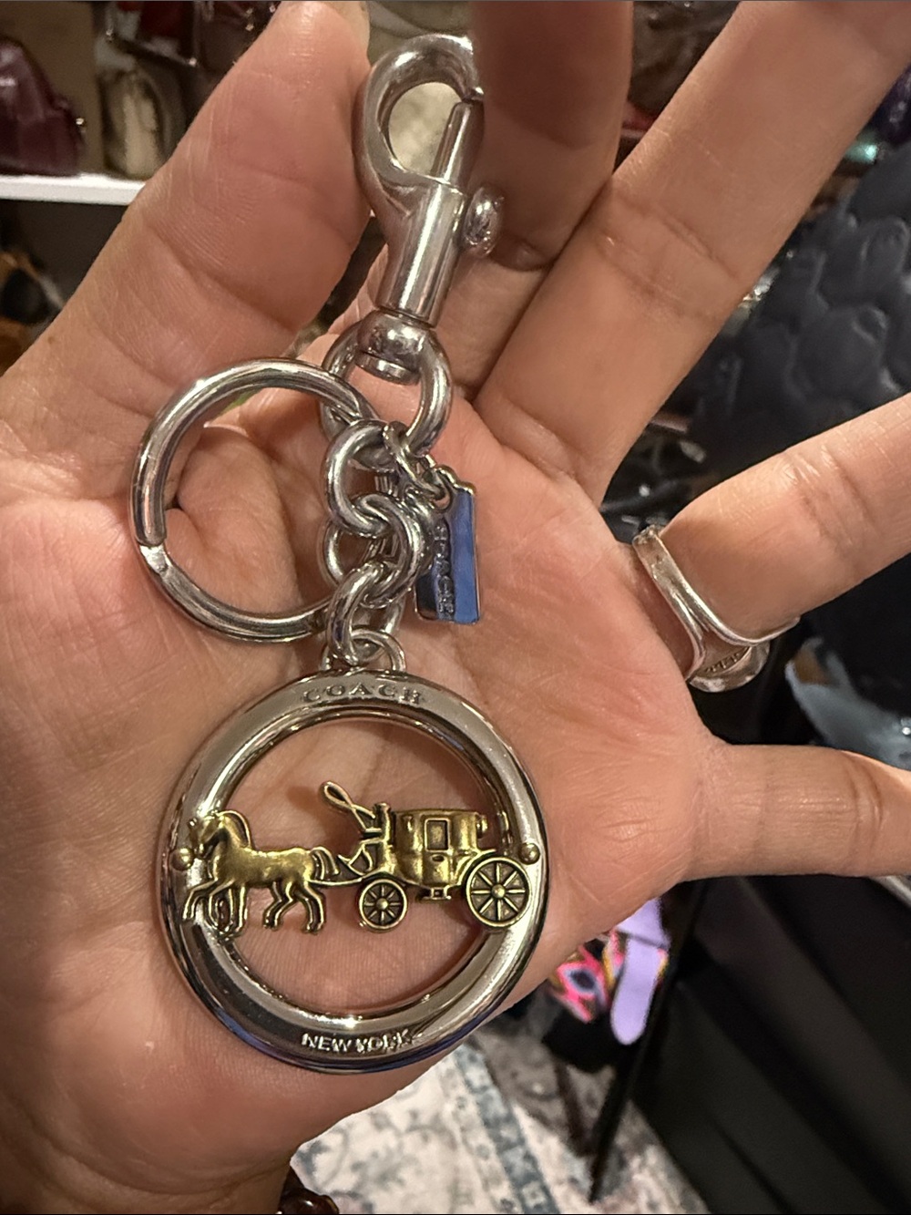Coach Silver Ring Keychain with Gold Horse & Carriage